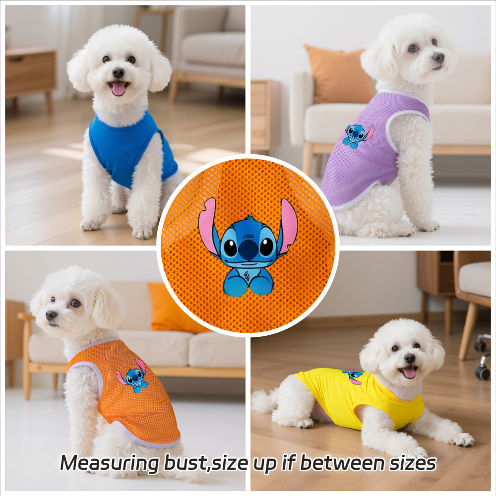 Size S-2XL: Phong cách chui đầu, in Lilo & Stitch, có nhiều màu sắc và thoáng khí cho mùa hè, thích hợp cho cả sử dụng trong nhà và ngoài trời, và phù hợp với tất cả chó mèo nhỏ.
