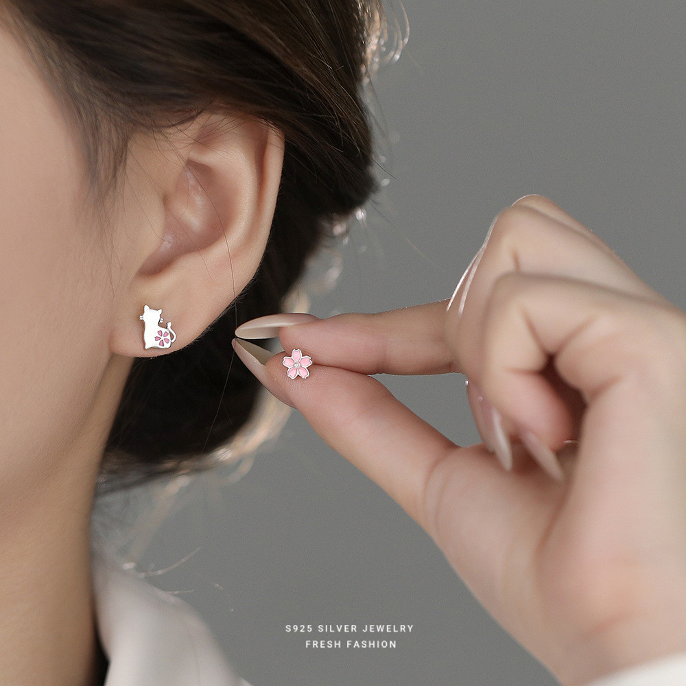 Bông tai mèo hoa hồng bạc S925