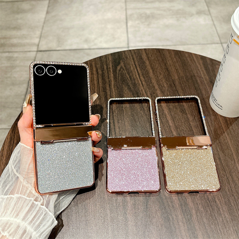 Sang Trọng Sáng Bóng Kim Cương Mạ Điện Bản Lề 2in1 Ốp Lưng Điện Thoại Samsung Galaxy Z Flip 7 7FE Flip 6 5 4 3 Bling Lấp Lánh Chống Sốc