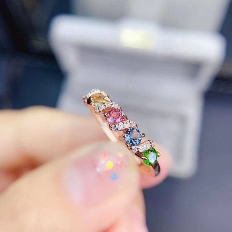 Nhẫn nữ tinh tế từ Jadeite tự nhiên, Onyx Inlay và Tourmaline Brazil
