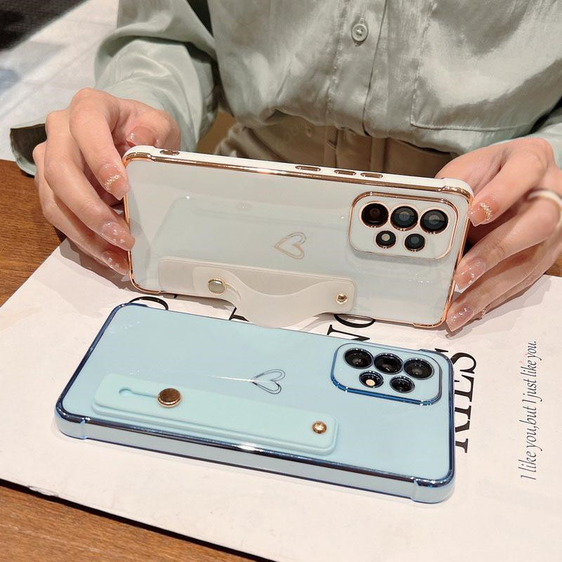 Giá đỡ dây đeo cổ tay Mạ điện cho Samsung Galaxy A57 A37 A56 A36 A27 A26 A25 A24 A17 A16 A15 A14 A55 A35 Vỏ điện thoại hình trái tim tình yêu