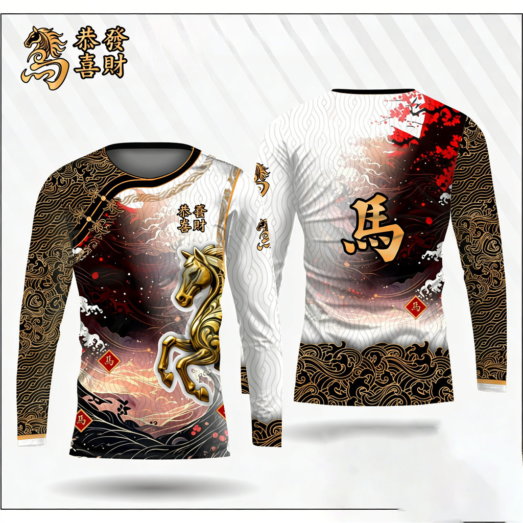 Áo thun dài tay in hình 3D con ngựa - Thời trang Tết Nguyên Đán dành cho nam