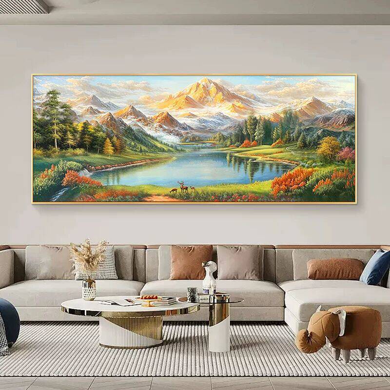 Phong Thủy Lưng Núi Vàng Canvas Treo Tường Nghệ Thuật Không Khung Bát Kho Báu Trang Trí Phong Cảnh Cho Phòng Khách
