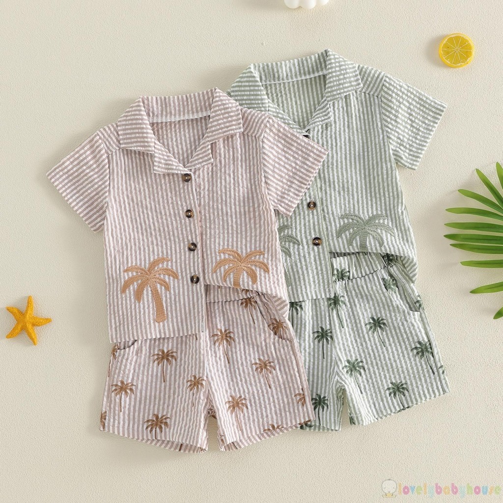LBH-Toddler Bé Trai Mùa Hè Dễ Thương Sọc Cây Dừa Thêu Áo Sơ Mi Tay Ngắn Có Quần Short Bộ 2 Chiếc