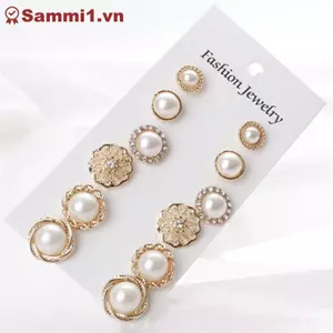 ZK - Bộ 6 Bông Tái Thanh Lịch với Pha Lê và Kim Cương Giả Ngọc Trai Nhỏ Gọn