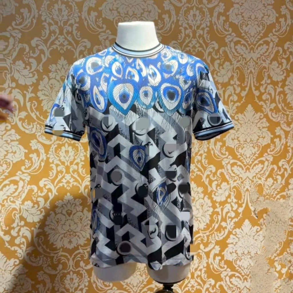 Áo Thun Lông Công Xanh Trắng Họa Tiết Hình Học KCloset Áo Phông Cotton Dày Dặn Unisex NA124