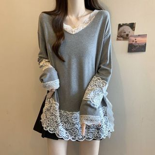 Size Lớn Đức Nhung Ren Khâu Cổ Chữ V Dài Tay Top Nữ Thu Đông 2025 Rời Thời Trang Đáy Áo Sơ Mi Nữ C