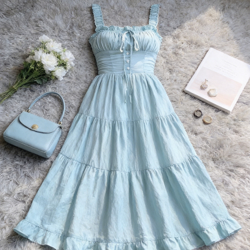 Bạc Hà Sữa Xanh Sling Dress Mùa Hè, Phong Cách Pháp Nhẹ Nhàng với eo nẹp và dáng chữ A dài