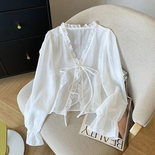 Voan Rời Cardigan Ngọt Ngào Chống Nắng Áo Sơ Mi Ren-Up Nơ Hàng Ngày Màu Trơn Nữ Mùa Hè Mỏng Nhỏ Phối Ren Hàng Đầu