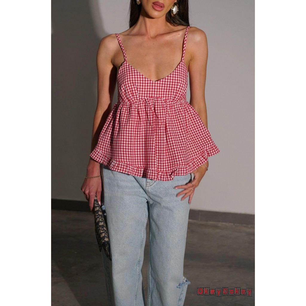 OKDK - Babydoll Tank Top Mùa Hè Kẻ Sọc V-Neck Spaghetti Strap