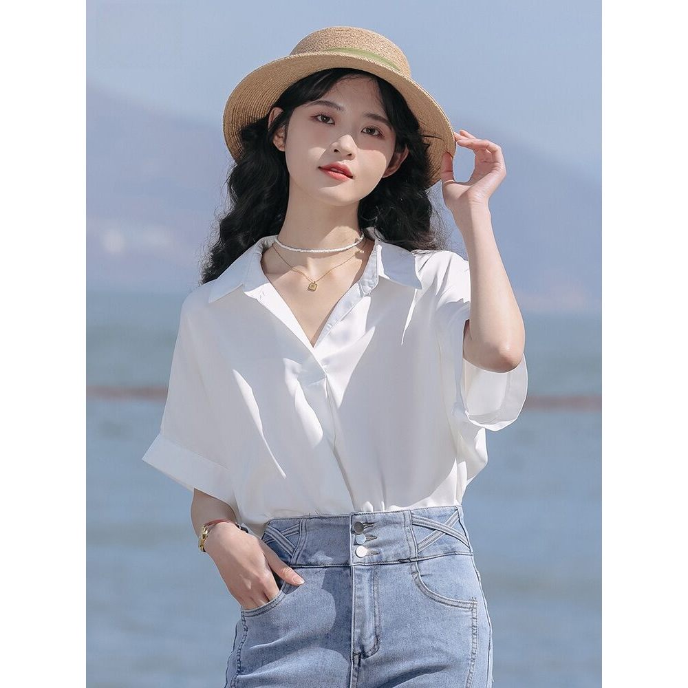 Mutu Rời Lười - Áo sơ mi voan nữ màu trắng, cổ Polo nhỏ, tay ngắn, xu hướng mới mùa hè
