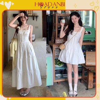 Váy hai dây Trắng Ly Eo Chun Lưng Dễ Mặc 2 Form Ngắn Dài, Váy maxi dáng dài tiểu thư