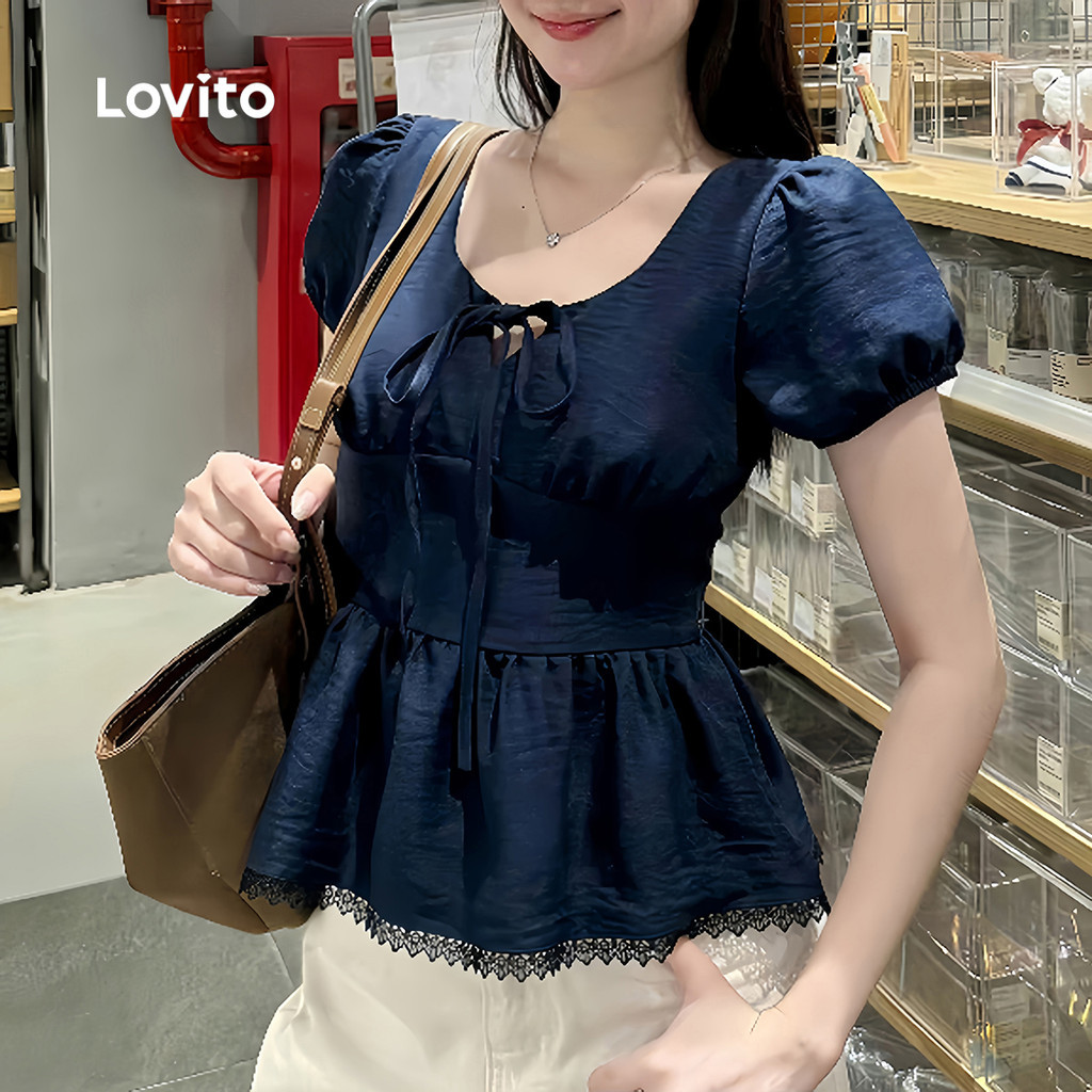 Lovito  Áo kiểu thanh lịch phối ren buộc dây viền nhún cho mùa xuân/hè màu xanh navy cho nữ L178LD09966