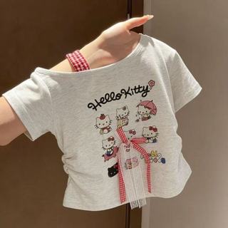 Áo thun Hello Kitty cho bé gái phối nơ ren dễ thương - Áo tay ngắn phong cách Hàn Quốc ngọt ngào