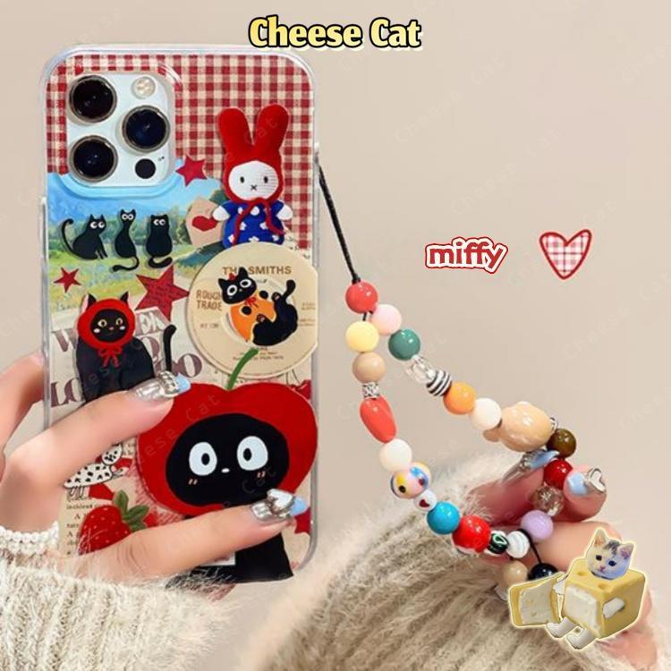 Ốp điện thoại thỏ và mèo đen Apple màu đỏ tía siêu dễ thương cổ điển cho iPhone 13 14 11 12 15 16 17 Pro Max 7 Plus Xs