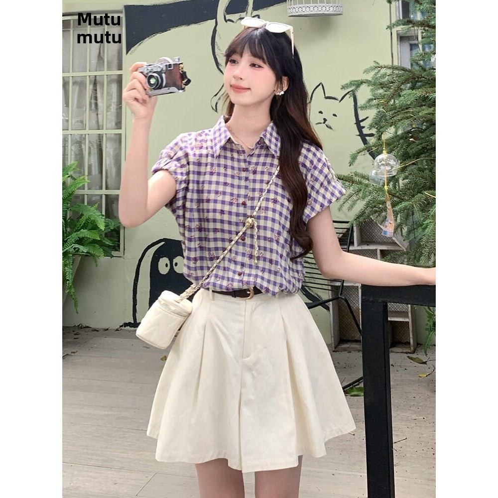 Mútô Áo sơ mi nữ retro kẻ sọc hoa ngắn tay mùa hè 2026 - Thiết kế mới mỏng nhẹ