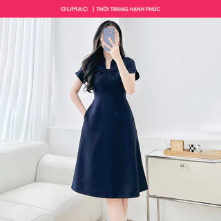 Đầm nữ GUMAC form A cổ tim có lá cổ sơ mi tay ngắn hai lớp có hai túi sườn  DF08037