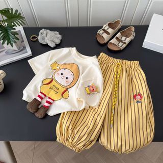 Bộ đồ cho bé - áo thun tay ngắn in hình 3D + quần sọc dáng rộng dễ thương thoáng mát mùa hè