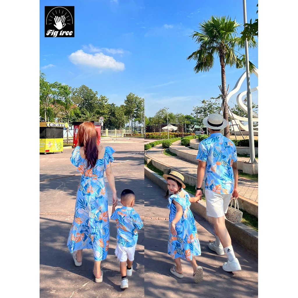 Đồ Gia Đình FIG TREE Họa Tiết Lá Xanh Da Trời Dành Cho Gia Đình Đi Biển, Du Lịch, Picnic, MS 188