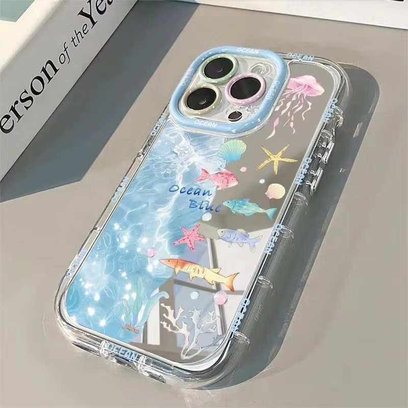 INS Thời Trang Xanh Đại Dương Gương Thiết Kế Ốp Lưng Điện Thoại iPhone 17 16 15 14 13 12 11 Pro Max 7 8 Plus XR X XS Max 16E Mềm Chống Sốc