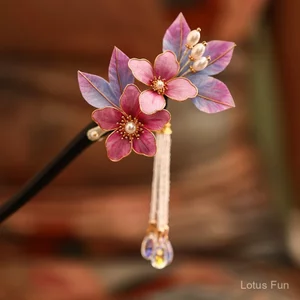 Kẹp Tóc Handmade Phong Cách Trung Hoa - Lụa Nhung và Gỗ Đàn Hương, Họa Tiết Hoa, Phụ Kiện Cho Hanfu Hàng Ngày