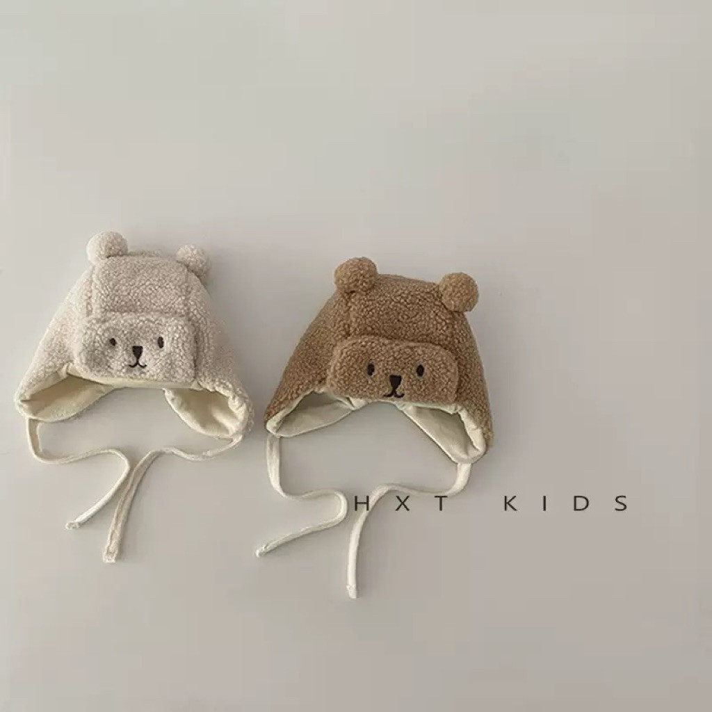 [MS004] Mũ nỉ bông ấm áp hoạ tiết gấu xinh siêu đáng yêu cho bé 1-3 tuổi
