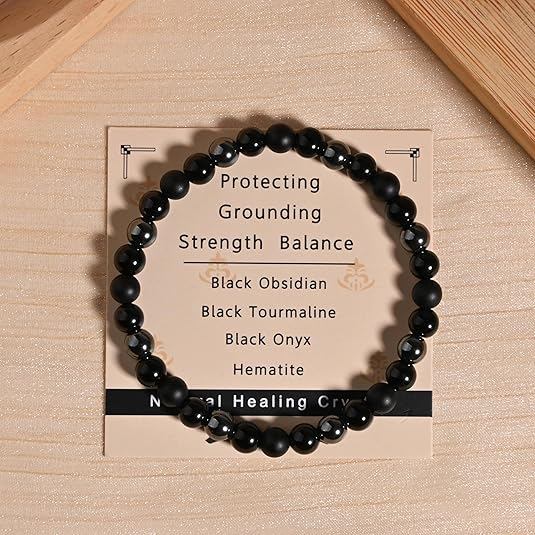 Vòng tay Onyx Tourmaline màu đen Bảo vệ ba vòng tay pha lê chữa bệnh Obsidian Hematite Vòng tay dành cho nam và nữ