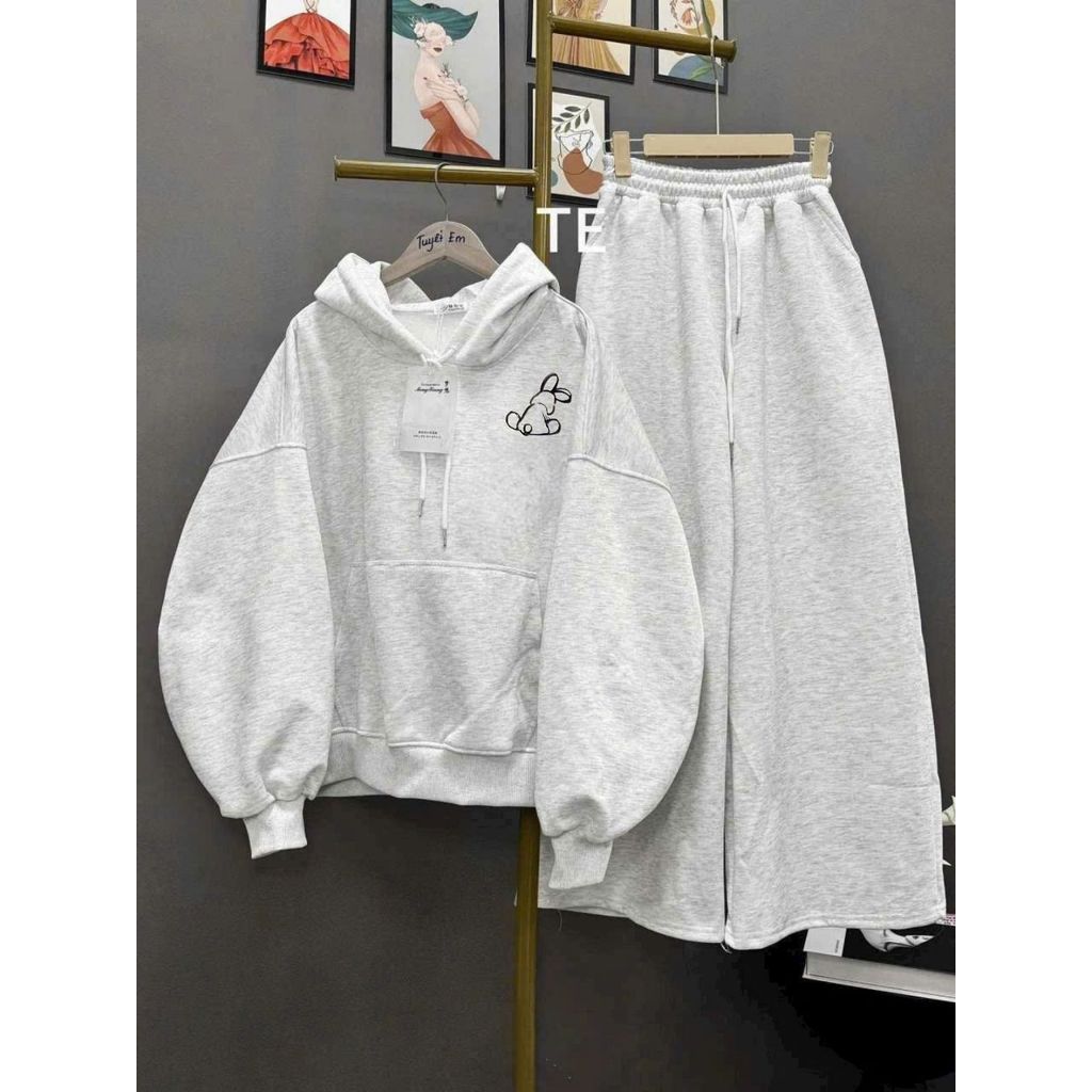 Set thu đông quần ống rộng xám tiêu kết hợp áo hoodie nỉ mũ 2 lớp unisex Hàn trái timm