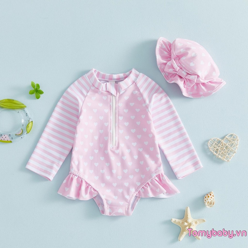 Bộ đồ bơi bé gái in hình trái tim dài tay cổ tròn bảo vệ phát ban Bộ đồ tắm có mũ cho bãi biển bể bơi