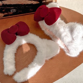 Bờm cài tóc tai mèo lông xù nơ đỏ màu trắng siêu cute cho bạn nữ