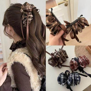 Vintage Kẻ Sọc Vải Tóc Cao Đuôi Ngựa Chuối Kẹp Thanh Lịch Dọc Kẹp Tóc Phụ Kiện Tóc Cho Nữ