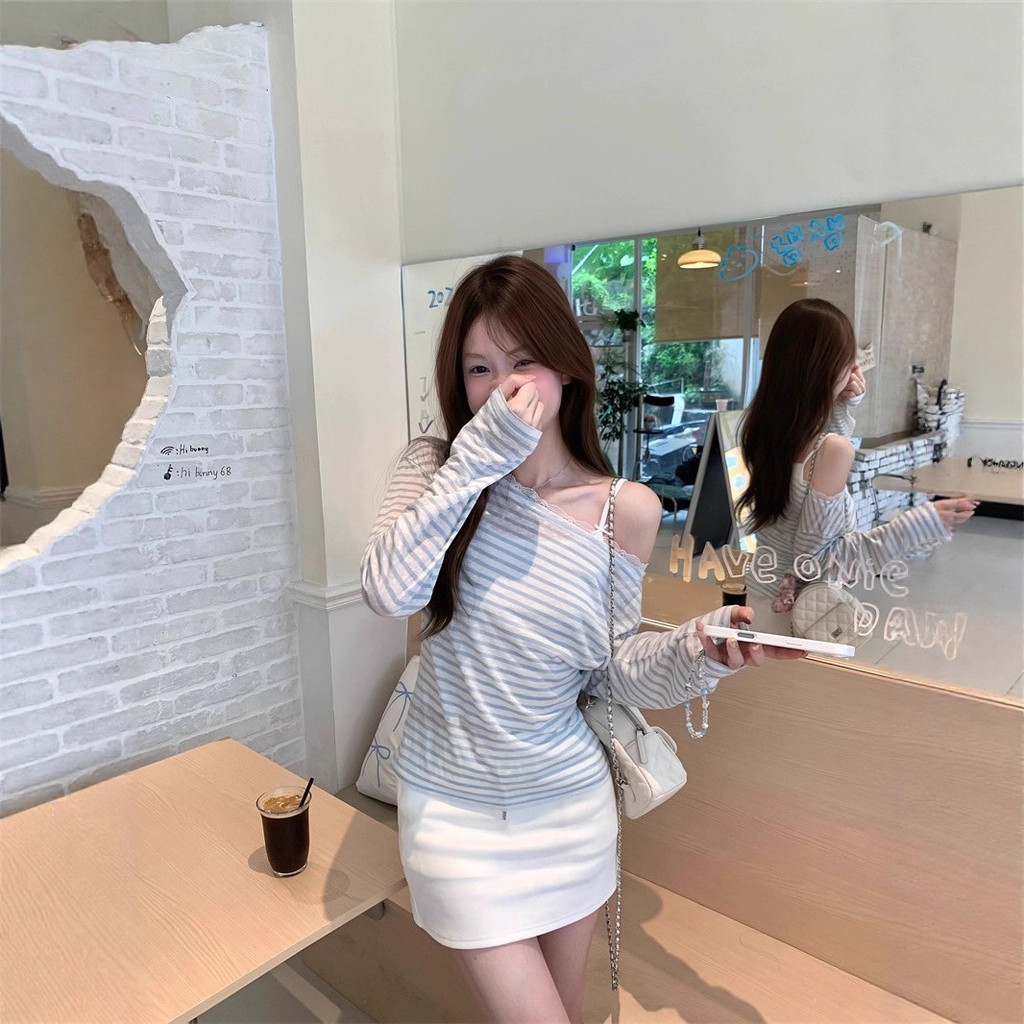 Sơ mi sọc vai áo thun nữ thu đông, phong cách Hàn Quốc, ômbody thời thượng