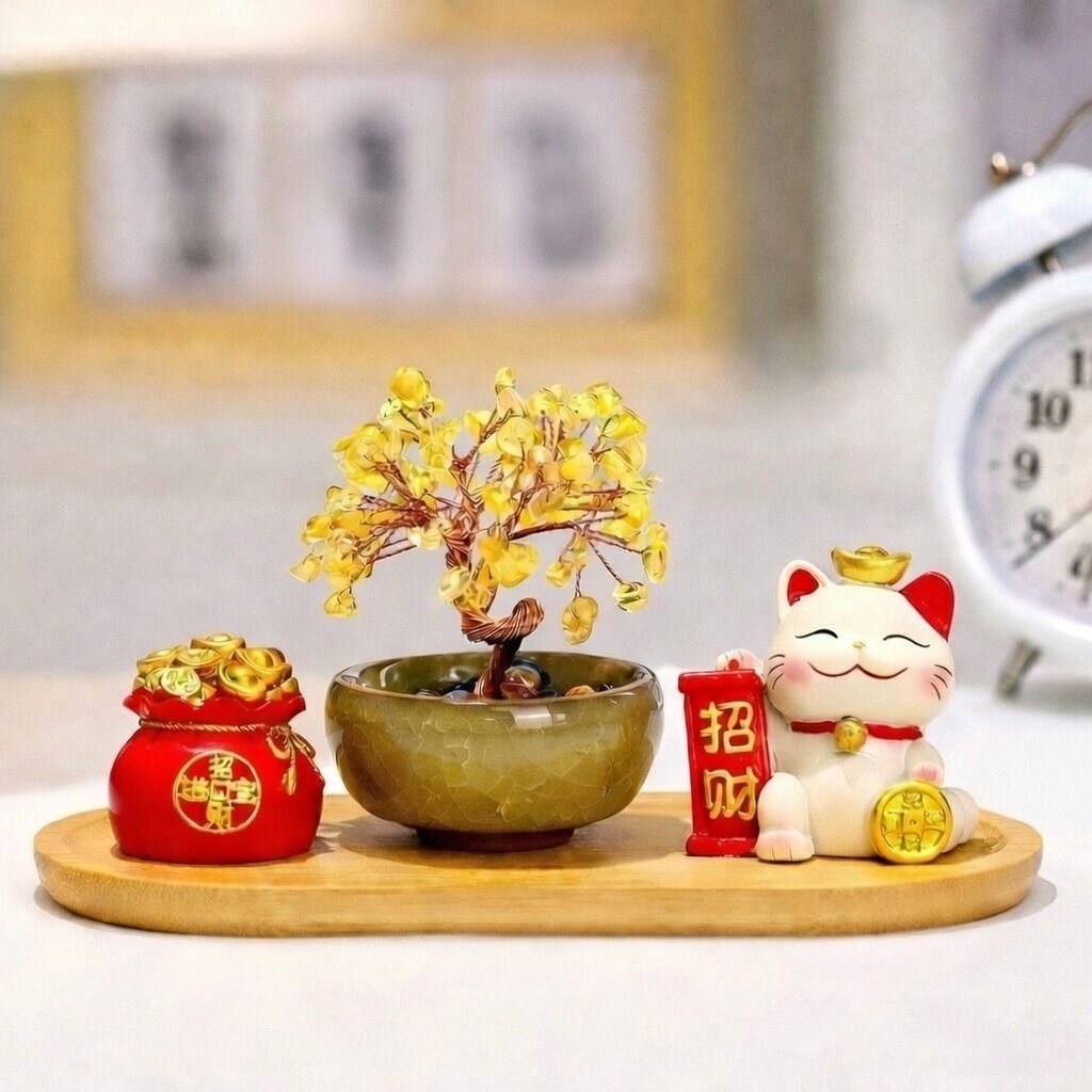 Set Cây Tài Lộc Mèo Thần Tài Thùng Vàng Phong Thủy Cao Cấp - Bộ Decor Bàn Làm Việc Quà Tặng Khai Trương Thu Hút Tài Lộc