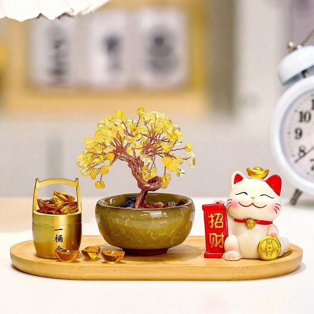 Set Cây Tài Lộc Mèo Thần Tài Thùng Vàng Phong Thủy Cao Cấp - Bộ Decor Bàn Làm Việc Quà Tặng Khai Trương Thu Hút Tài Lộc