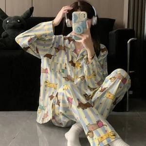Mây Cotton Bộ Đồ Ngủ Nữ Xuân Thu Dài Tay Phong Cách Hàn Quốc Ve Áo Cardigan Loungewear Phù Hợp Với