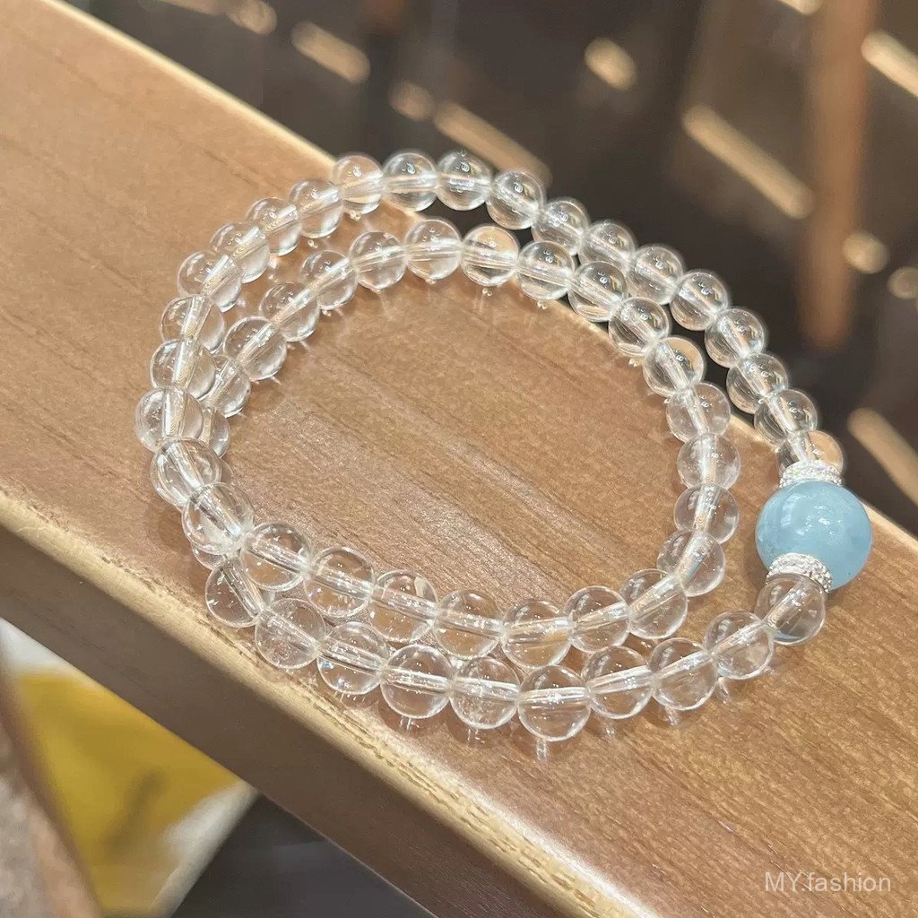Vòng tay đính cườm thủy tinh trắng xanh Aquamarine - Thời trang hai lớp cho bạn gái, vẻ đẹp tươi mát và cổ điển