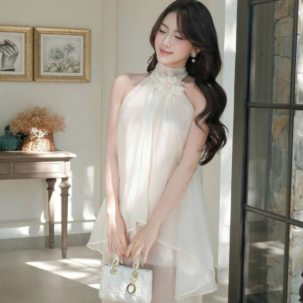 Set váy áo cổ yếm đính hoa 3D tinh tế và chân váy dài tơ nữ hoàng phong cách nữ tính bay bổng KS545