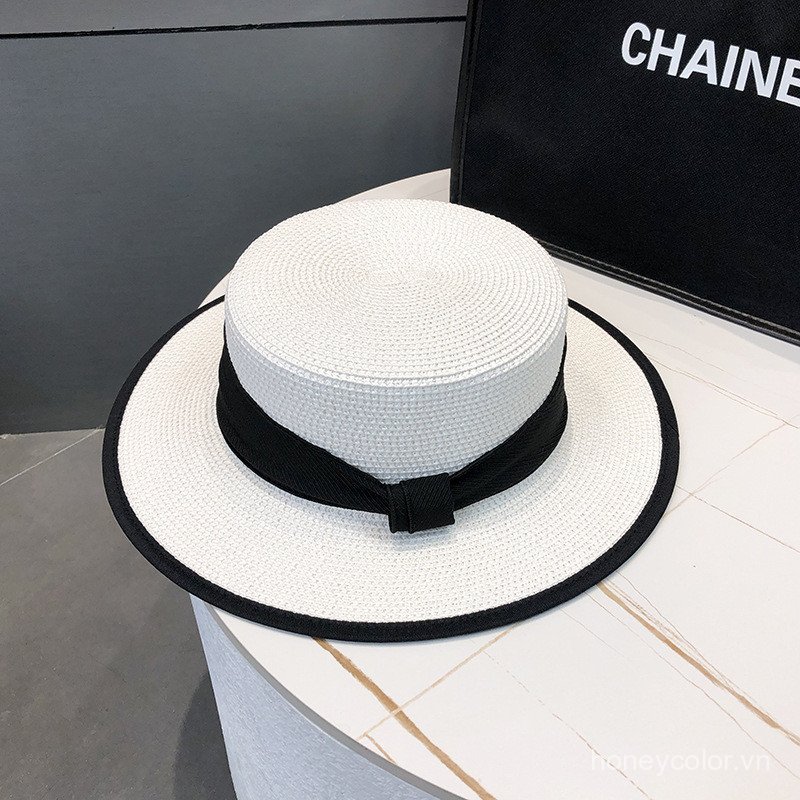 Mũ rơm phẳng kiểu Pháp mới dành cho nữ mùa hè ống hút fedora bên bờ biển chống nắng mũ đi biển mũ chống nắng