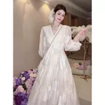 [24169] Đầm Maxi Voan Trắng Vintage Cổ V Tay Dài Dáng Xòe Tiểu Thư – Đầm Voan Lụa Cao Cấp Mặc Đi Biển Cecelia — ảnh 6