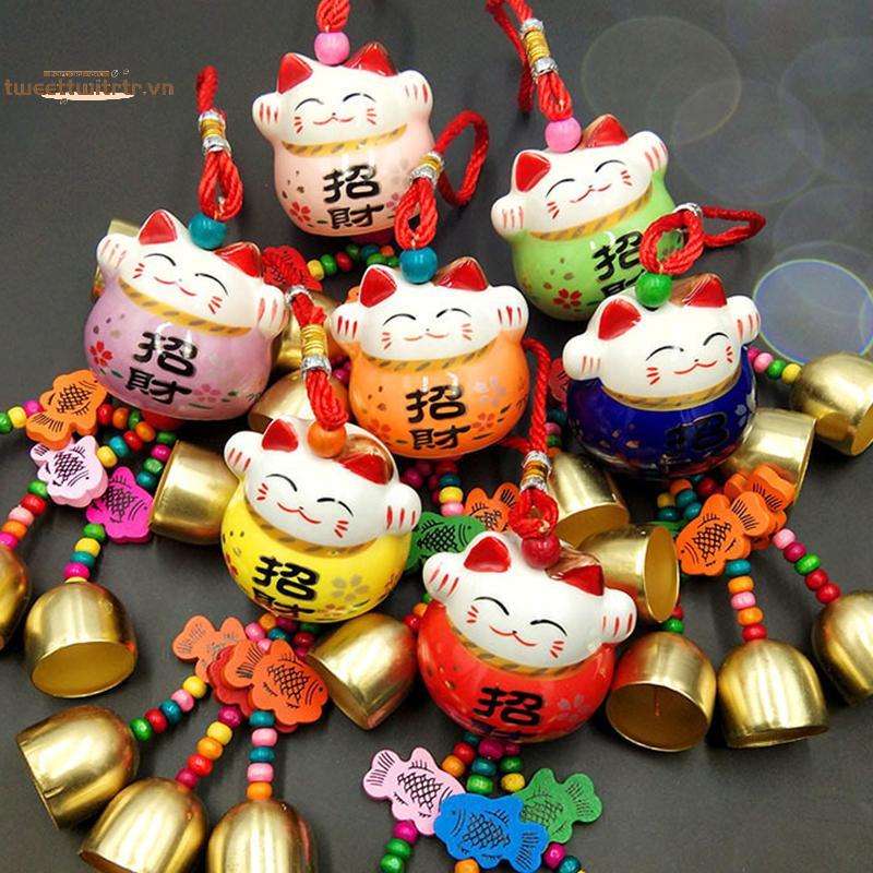 TRTR Fortune Cat Chuông Gió Gốm Treo Xe Trang Trí Sân Vườn Thủ Công Chuông Kim Loại VN