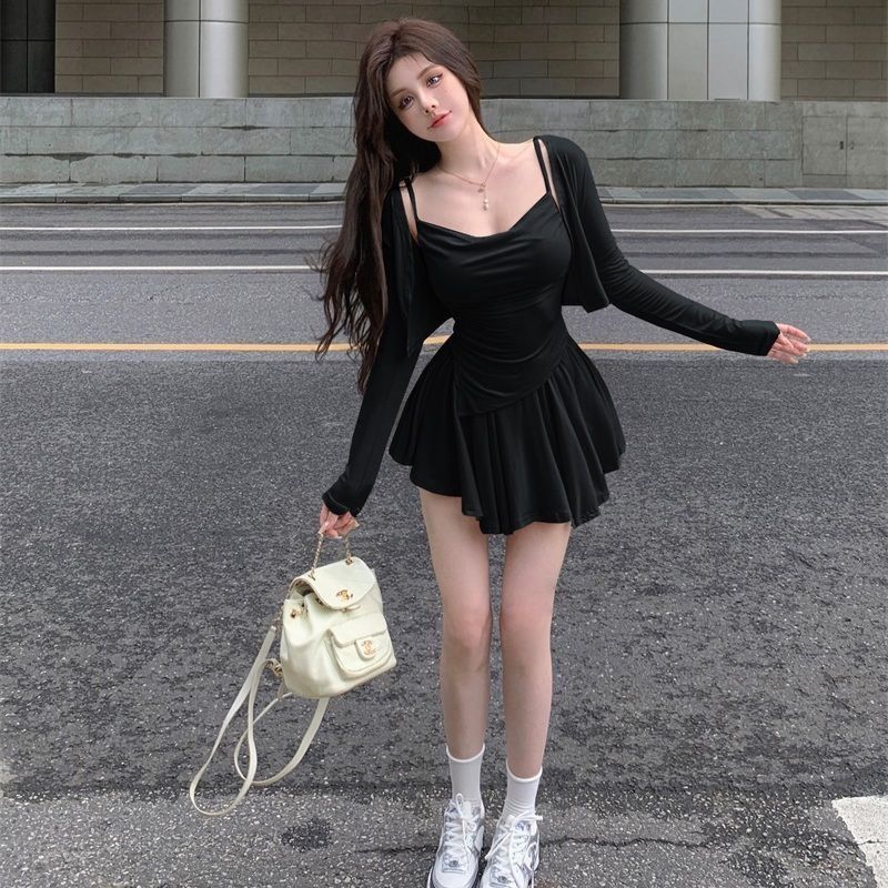 Phong Cách Hàn Quốc Thu Đông Phong Cách Mới Sang Trọng Phù Hợp Với Nữ Chống Nắng Cardigan Áo Liền Quần Váy Xếp Ly Ba Mảnh Phù Hợp Với