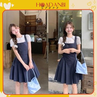 Set Áo Giấy Trắng Mix Yếm Kaki Xanh Than Túi Bên Rút Dây Dáng Xoè Siêu Xinh, Set Áo Yếm Tiểu Thư