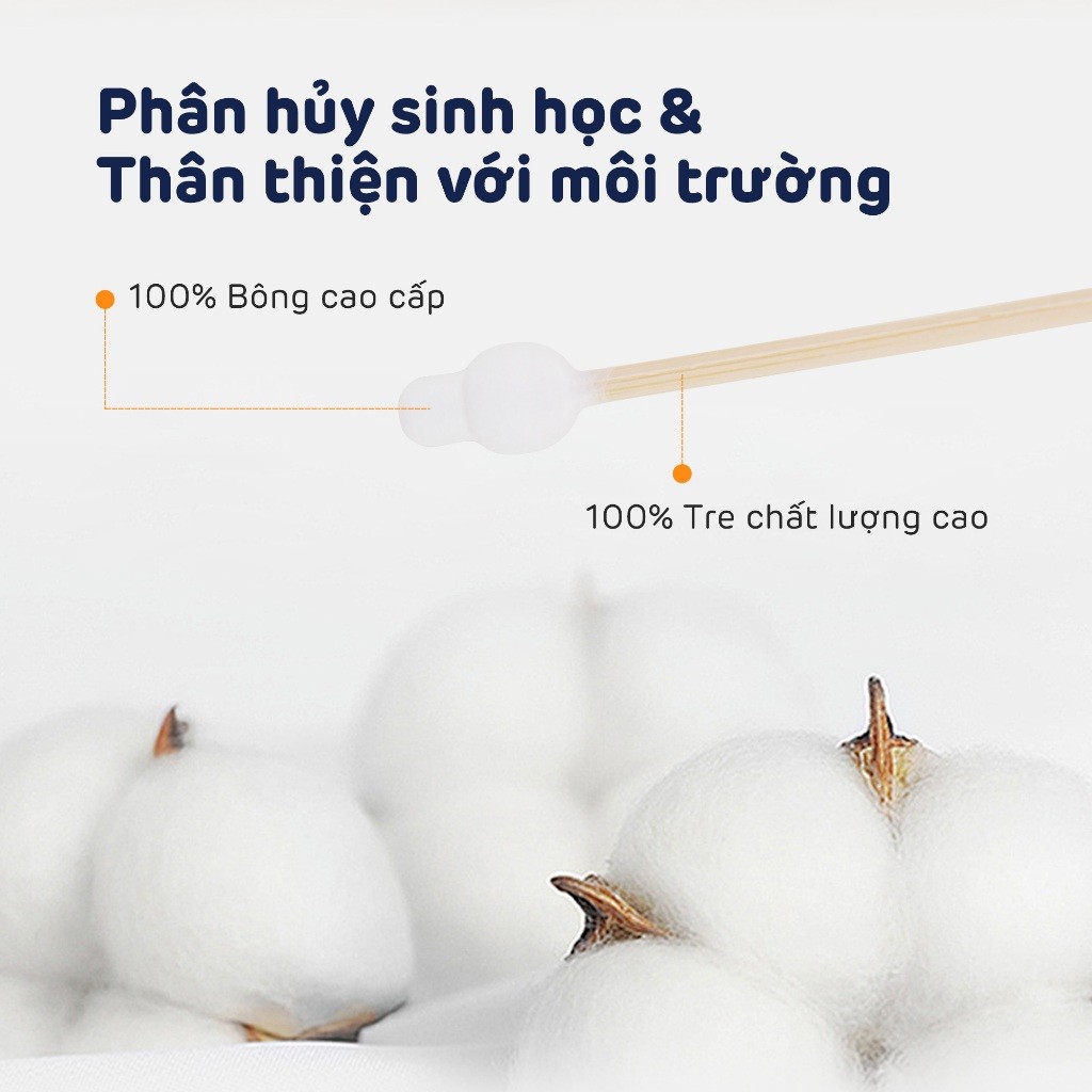Tăm Bông Aiwibi Cao Cấp Cho Bé, Mềm Mịn, Thân Tre Linh Hoạt, 100% Bông Thiên Nhiên - 100 Cái/Hộp