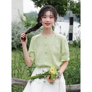 MUTU | Áo sơ mi ren nữ phong cách Pháp, thiết kế cổ điển màu sắc nguyên chất