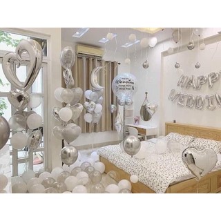 (Tặng 100 cánh hoa hồng) set bóng trang trí phòng cưới tone màu trắng bạc DF38