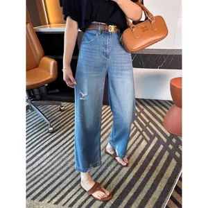 Quần Jean Màu Xanh Cổ Điển Cho Nữ, Thiết Kế Ripped, High Waist, Thẳng Dài Đến Mắt Cá Chân, Hè Mát Lạnh