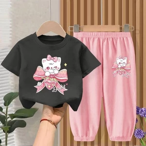 Bộ quần áo trẻ em hoạt hình Cut Cat Áo thun ngắn tay và quần dài Đồ họa dễ thương Trang phục thường ngày