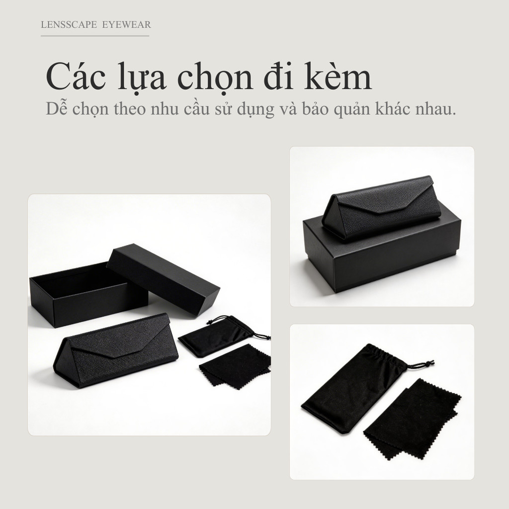 LENSSCAPE-Combo hộp kính gập + khăn lau kính + túi đựng kính – hộp đựng kính gọn nhẹ, cứng cáp, chống va đập, có móc carabiner treo ba lô