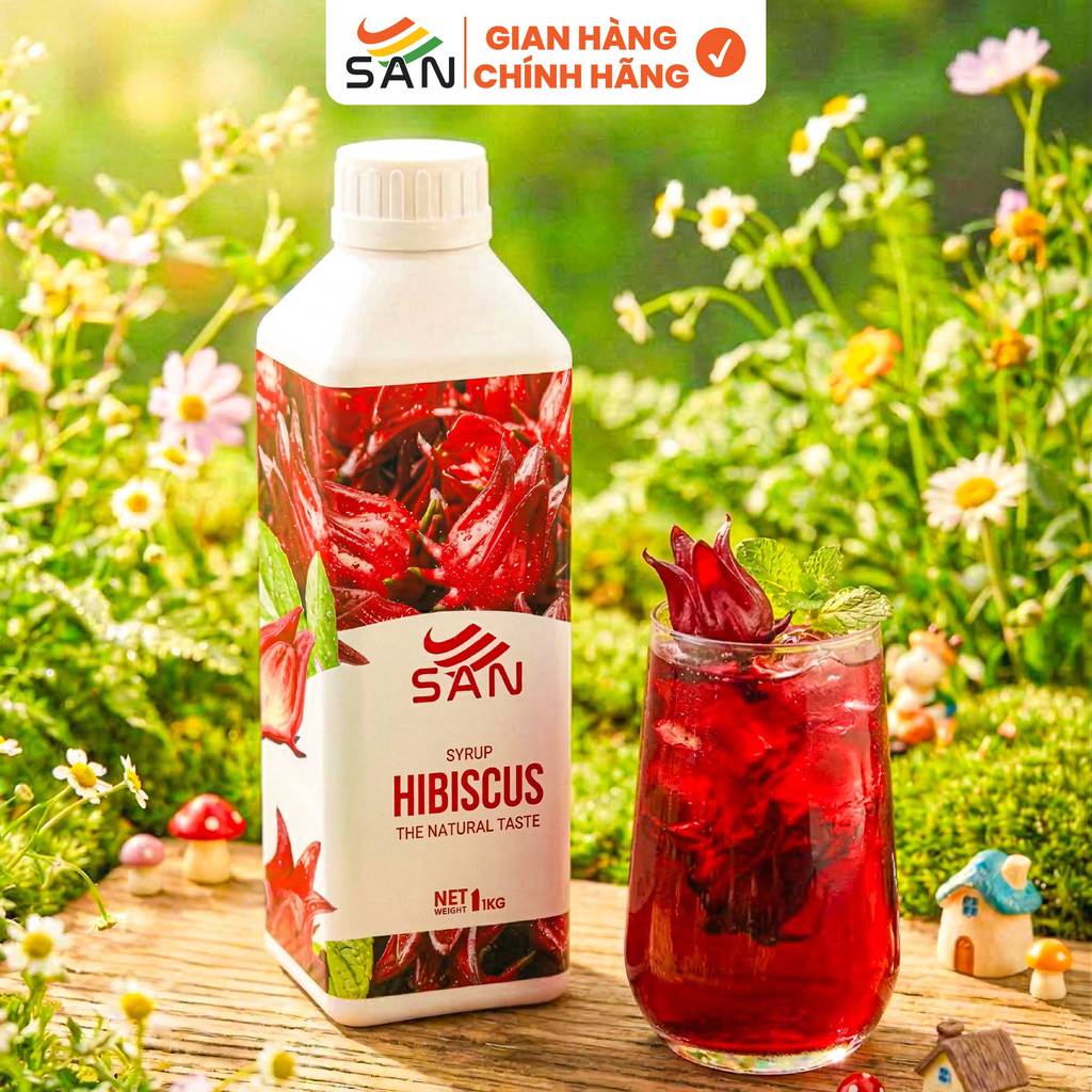 Syrup/siro HIBISCUS SAN Chai 1Kg, có mẫu thử 100ml, tặng công thức, hương thơm, trái cây tự nhiên