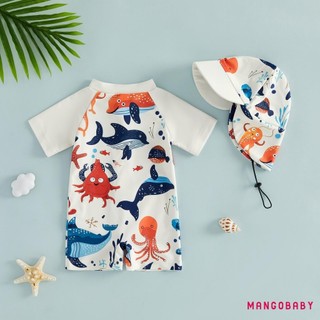 MG-Kids Bé Trai Rash Guard Đồ Bơi Thực Vật Nhiệt Đới / Biển In Hình Động Vật Tay Ngắn Đồ Bơi Và Mũ Bơi Đi Biển